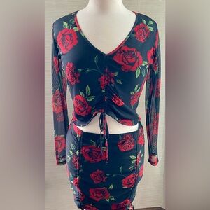 Beautiful Rose Flowered Long Sleeve Crop Top and Skirt Set.